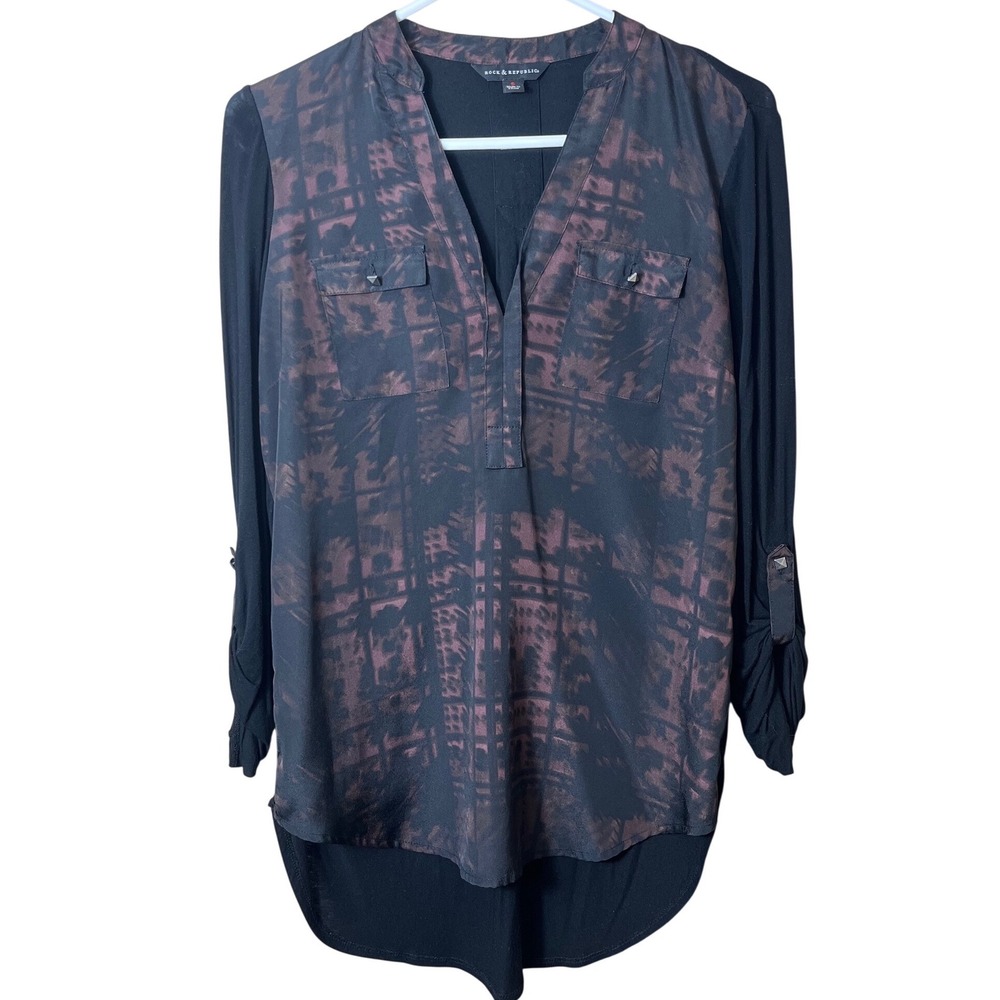 Rock & Republic Small Black Burgundy Abstract Print Roll Tab Tunic Edgy Grunge S